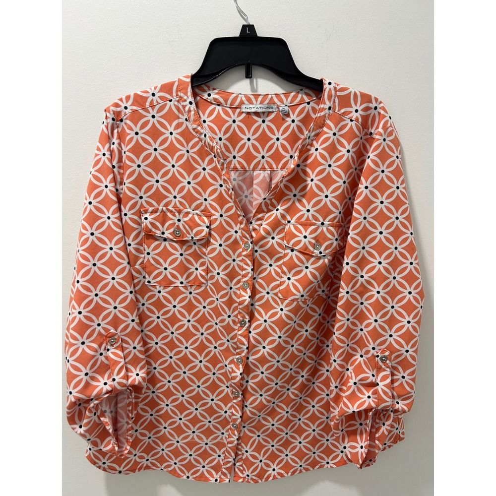 Notations Orange White Geometric Floral Roll Tab Sleeve Blouse XL STB4140